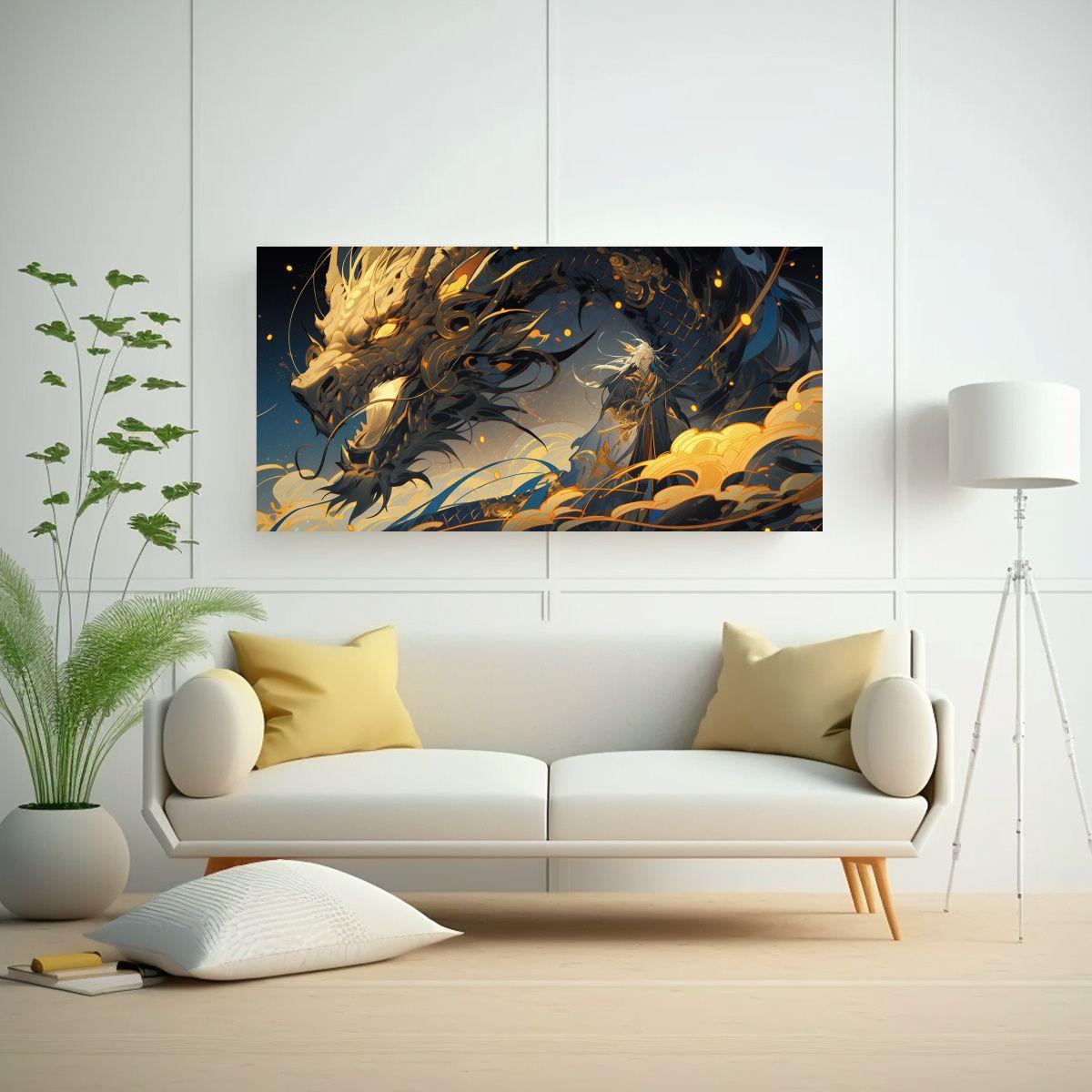 Pintura Decorativa: Dragón En Colores Oro Y Azul 60x30cm-2