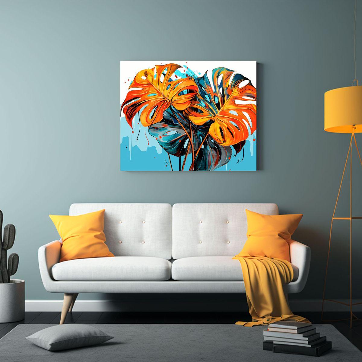 Cuadro De Monstera En Turquesa Y Naranja: 120x80cm-2