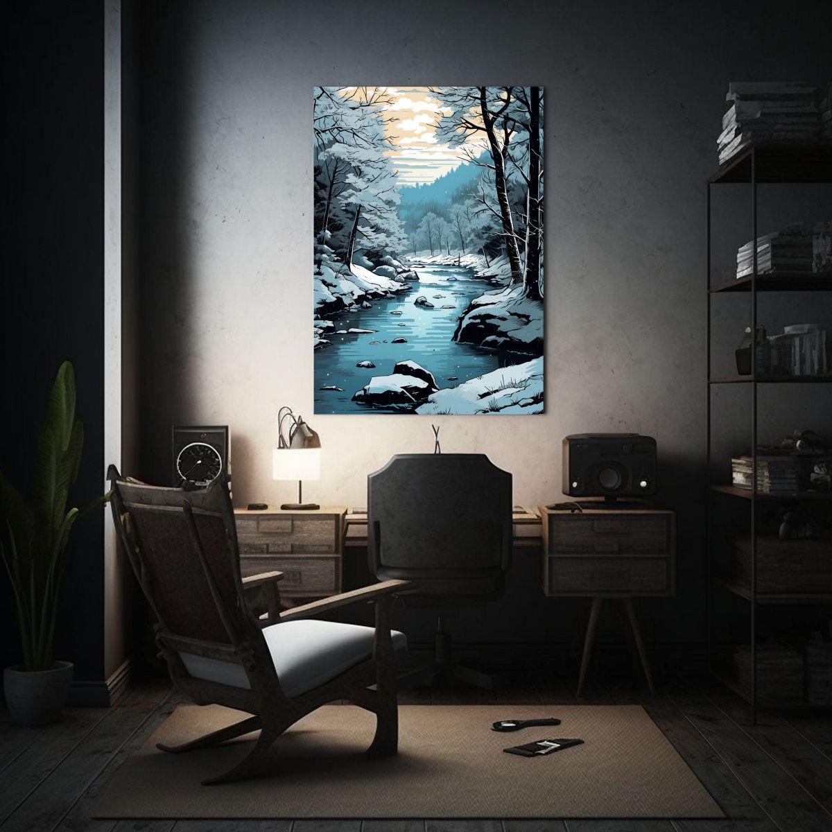 Paisaje De Río Con árboles Nevados En Europa Estilo Cómic 40x60cm-2
