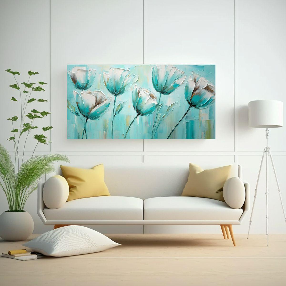 Cuadro Moderno: Tulipanes Turquesa En Lienzo 100x50cm-2