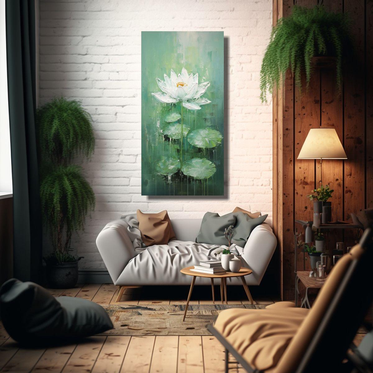 Pintura Dinámica De Loto Verde En Lienzo Al 30x60 Cm-2