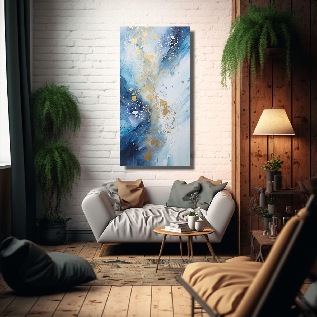 Pintura Abstracta Estilo Azul Blanco En Bastidor 60x120cm-2