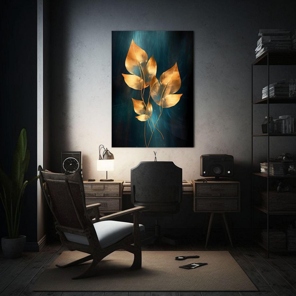 Pintura Decorativa Con Hojas Doradas En Lienzo 40x60cm-2