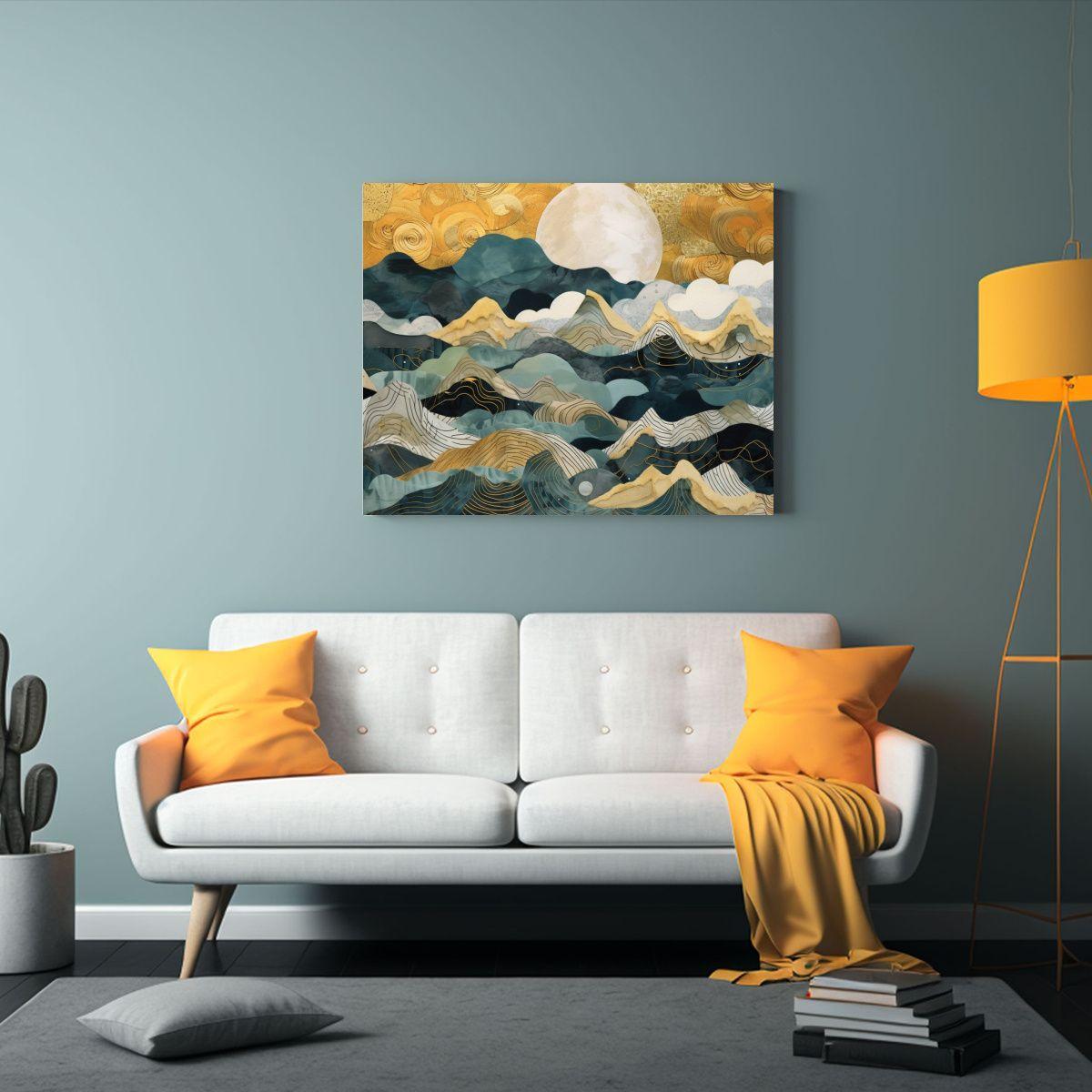 Cuadro Con Montañas, Nubes Y Sol: Decoración Lineal Para P 40x30cm-2
