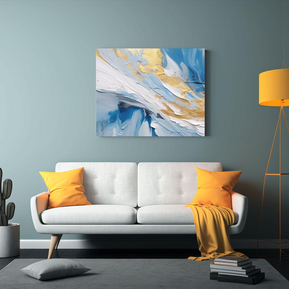 Pintura Abstracta Azul Y Blanco Con Detalles En Dorado Textu 50x40cm-2