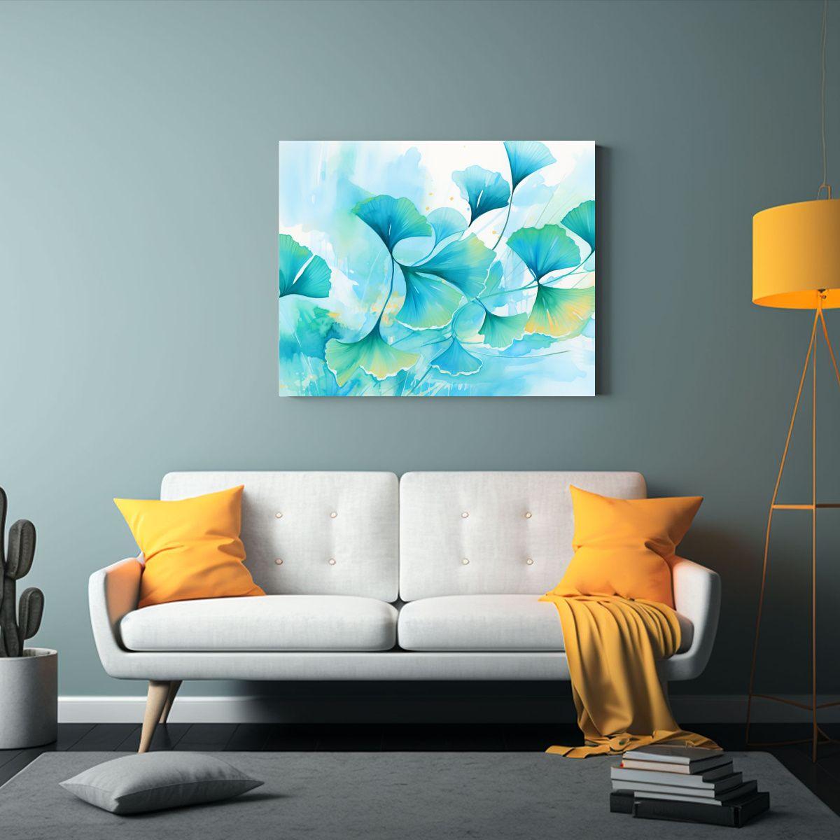Pintura Mural De Hojas De Ginkgo En Colores Azul 75x50cm-2