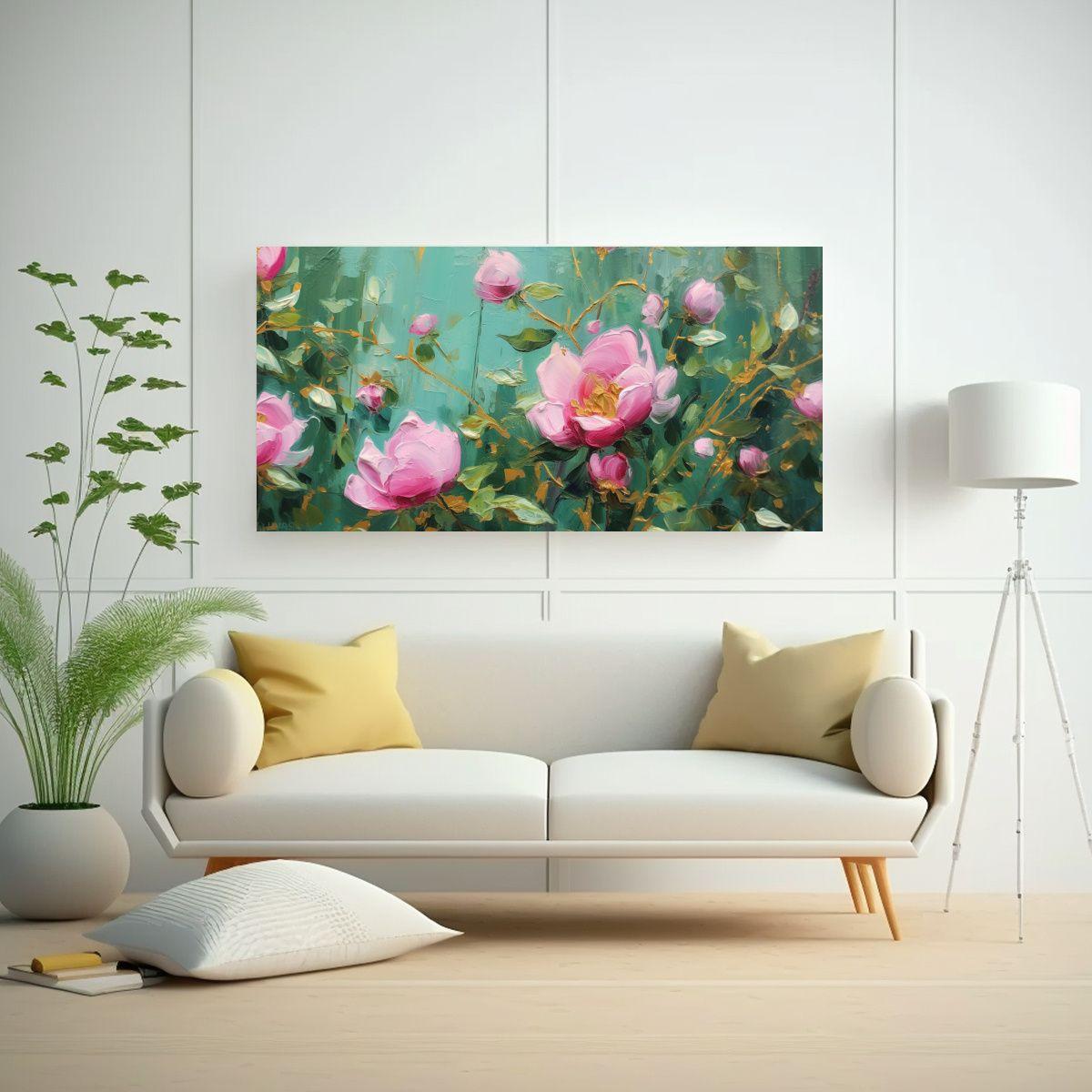 Cuadro Decorativo Pintura Acrílica Flores Rosas 100x50cm-2