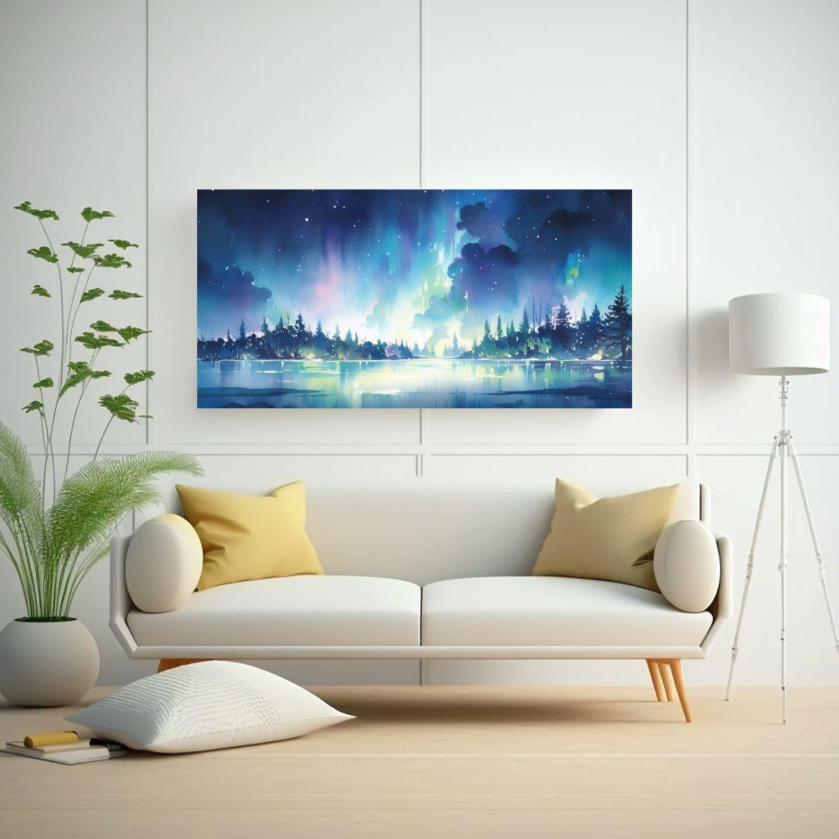 Cuadro Abstracto De Aurora Boreal Con Acuarelas 60x30cm-2