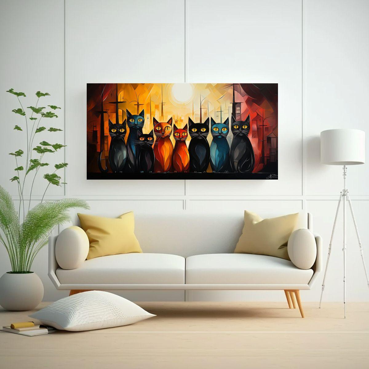 Pintura De Gatos En Una Pila Mirando Cálidos 60x30cm-2