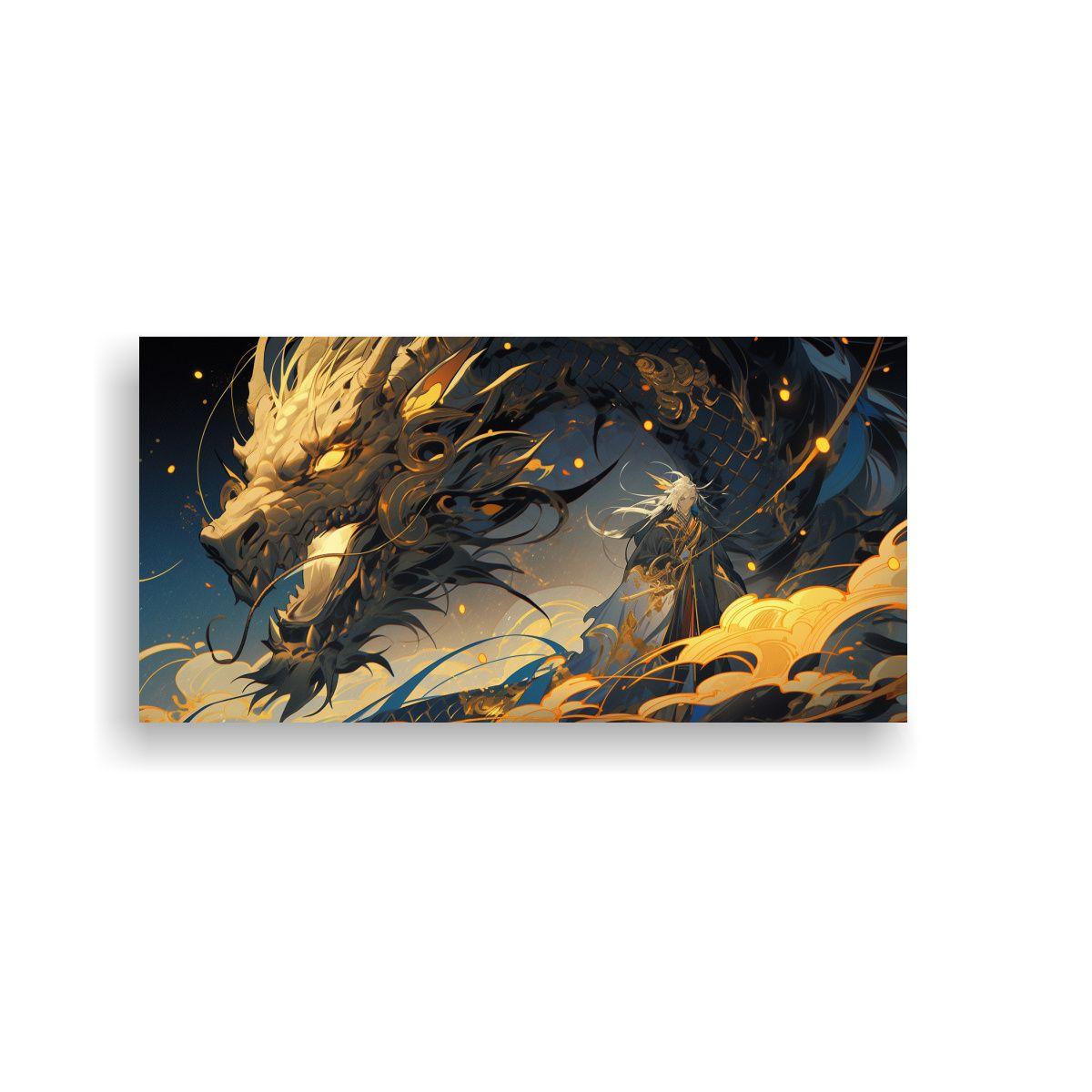 Pintura Decorativa: Dragón En Colores Oro Y Azul  120x60cm-0