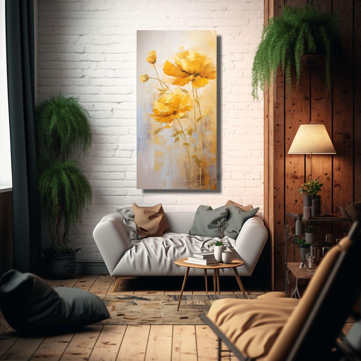 Cuadro Amarillo Flor Estilo Decorativo Pintura 30x60cm-2