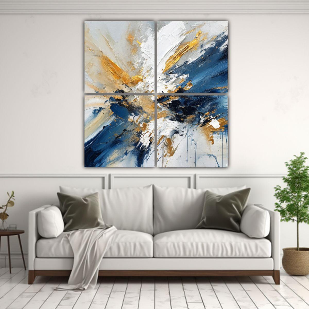 Cuatro Cuadros Decorativo Abstractos Azul, Bronce 60x60 Cm-2