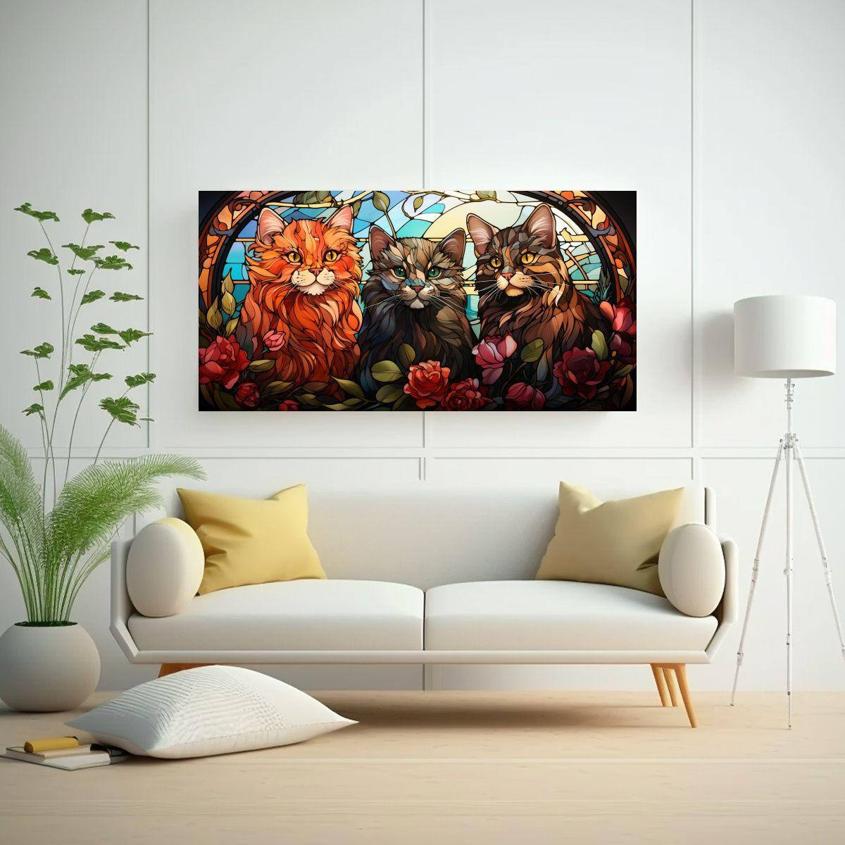 Arte Digital Ventana Vitral Gatos Adorables 100x50cm-2