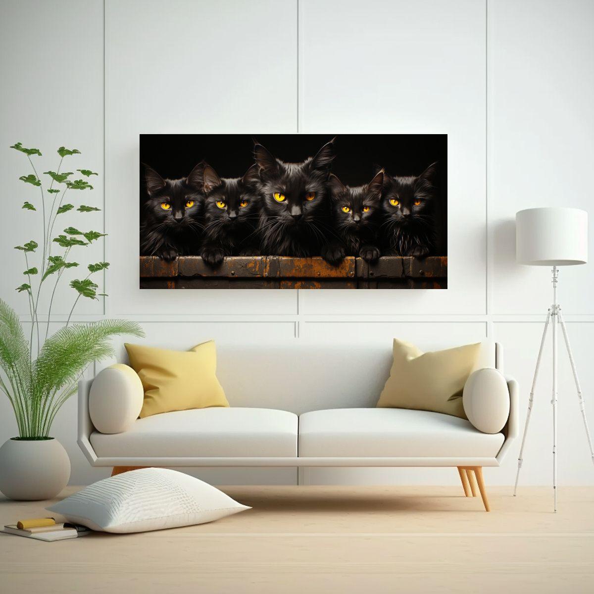 Cuadro Horizontal Gatos Negros Ojos Amarillos 140x70cm-2