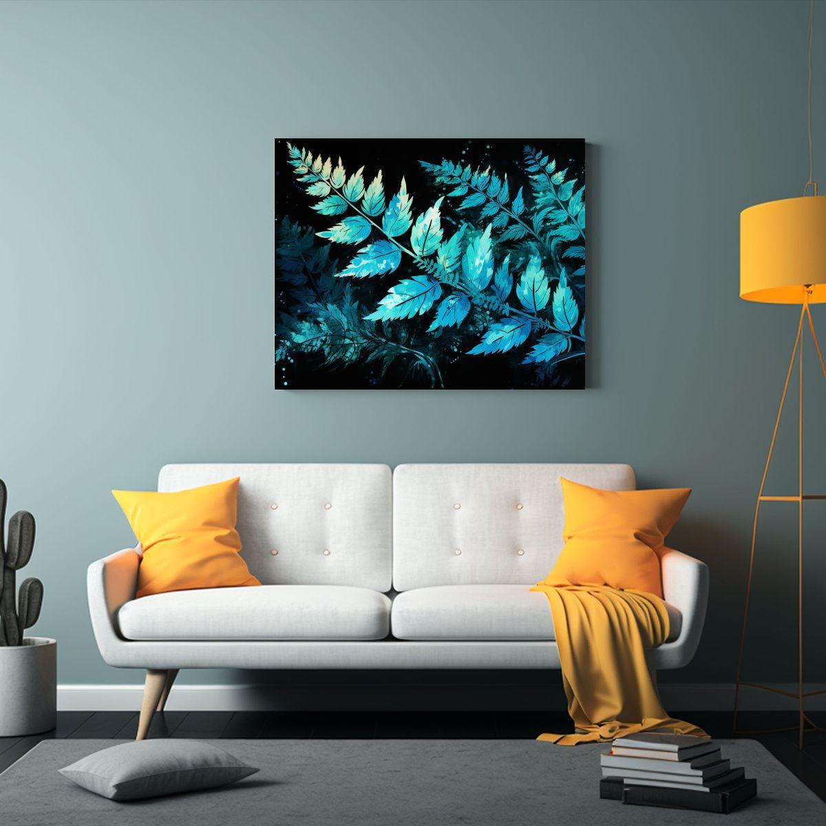 Cuadro Neo De Hojas De Helecho En Turquesa Con Patrón Inten 60x40cm-2