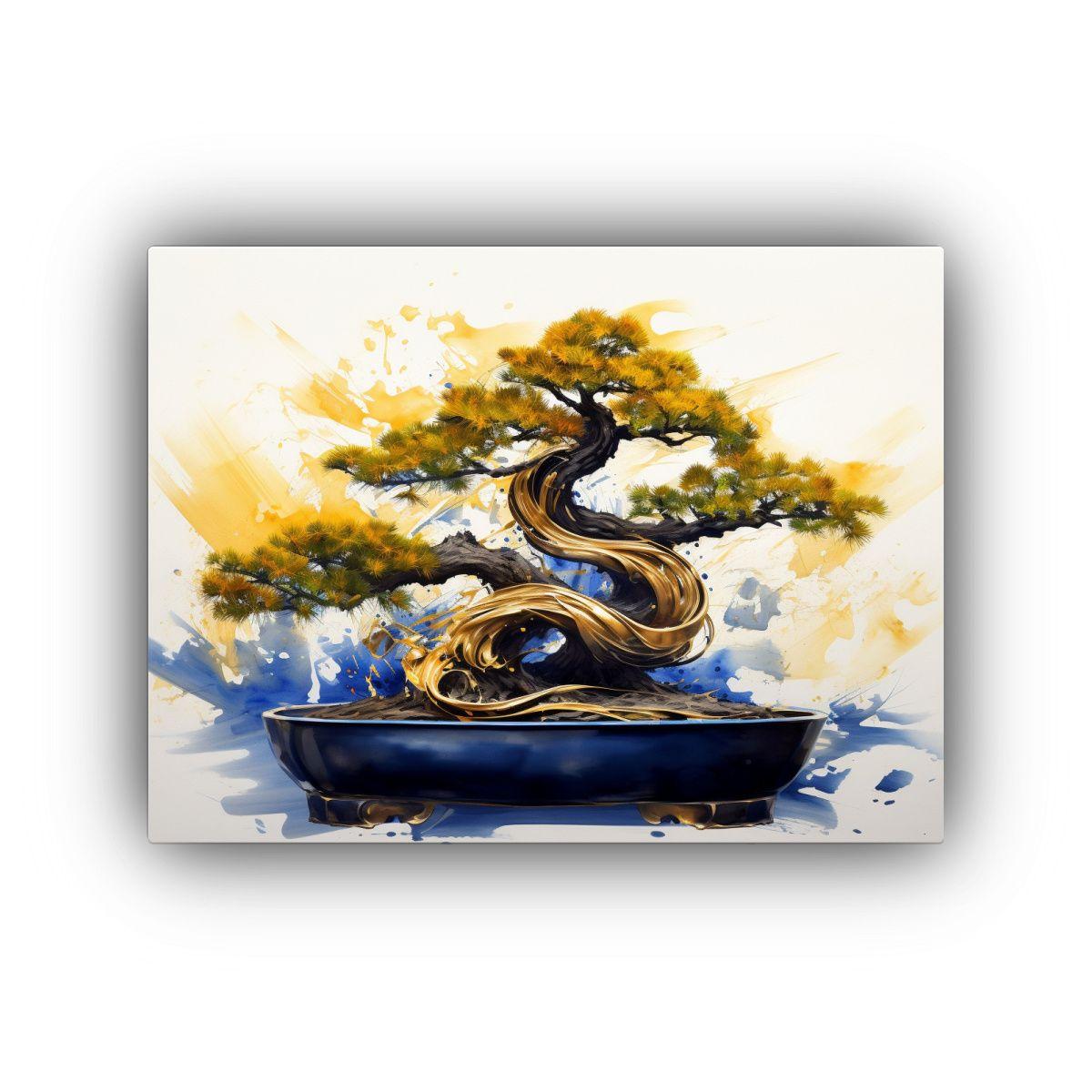 Cuadro Abstracto Árbol Bonsái Azul Y Dorado Con Toque Crea 65x50cm-0