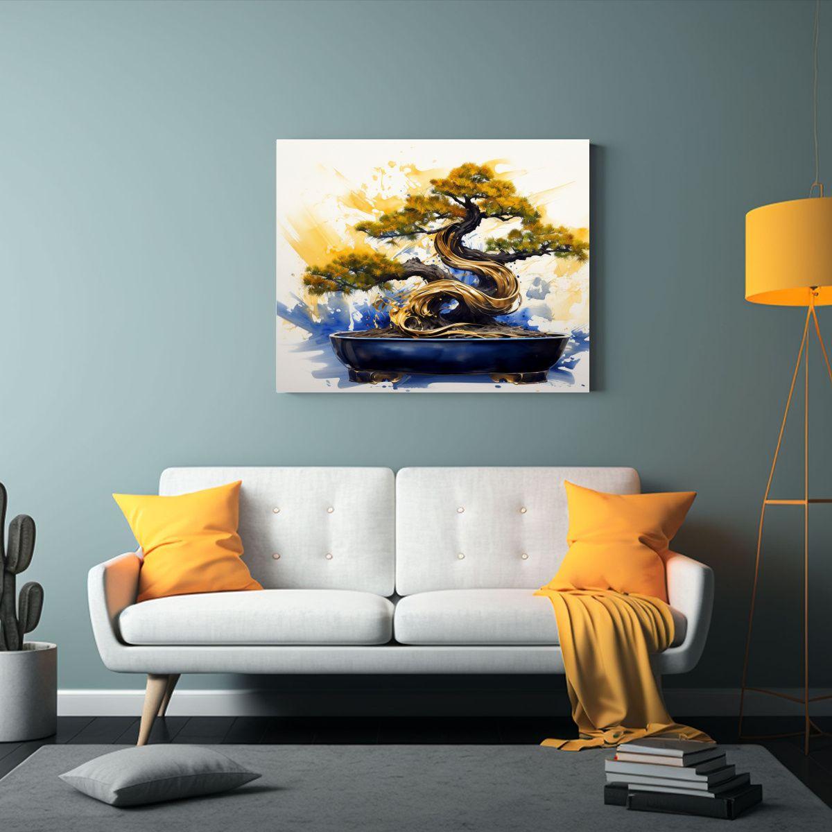 Cuadro Abstracto Árbol Bonsái Azul Y Dorado Con Toque Crea 65x50cm-2