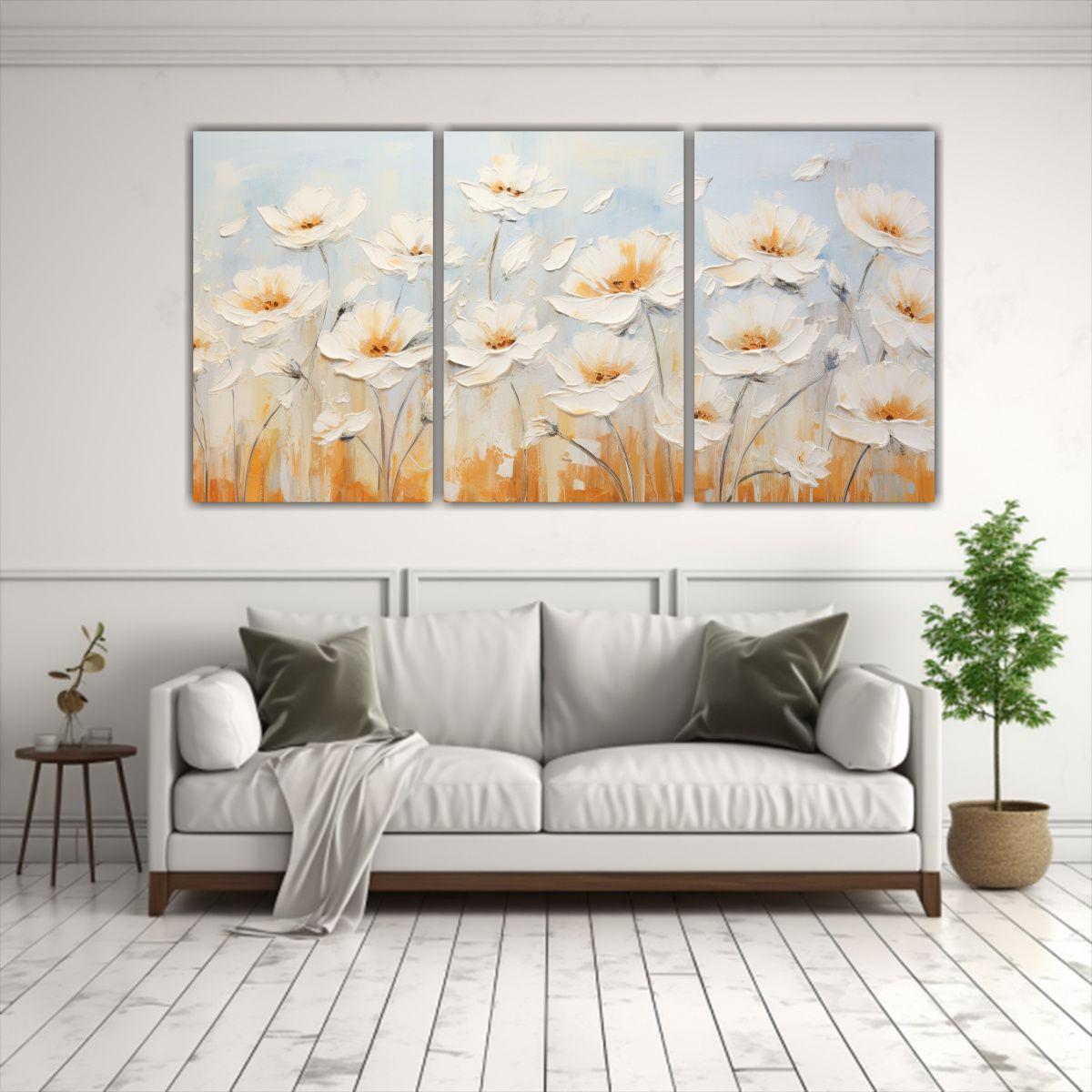 Arte De Pared Floral En Lienzo Blanco Y Naranja 180x90 Cm-2