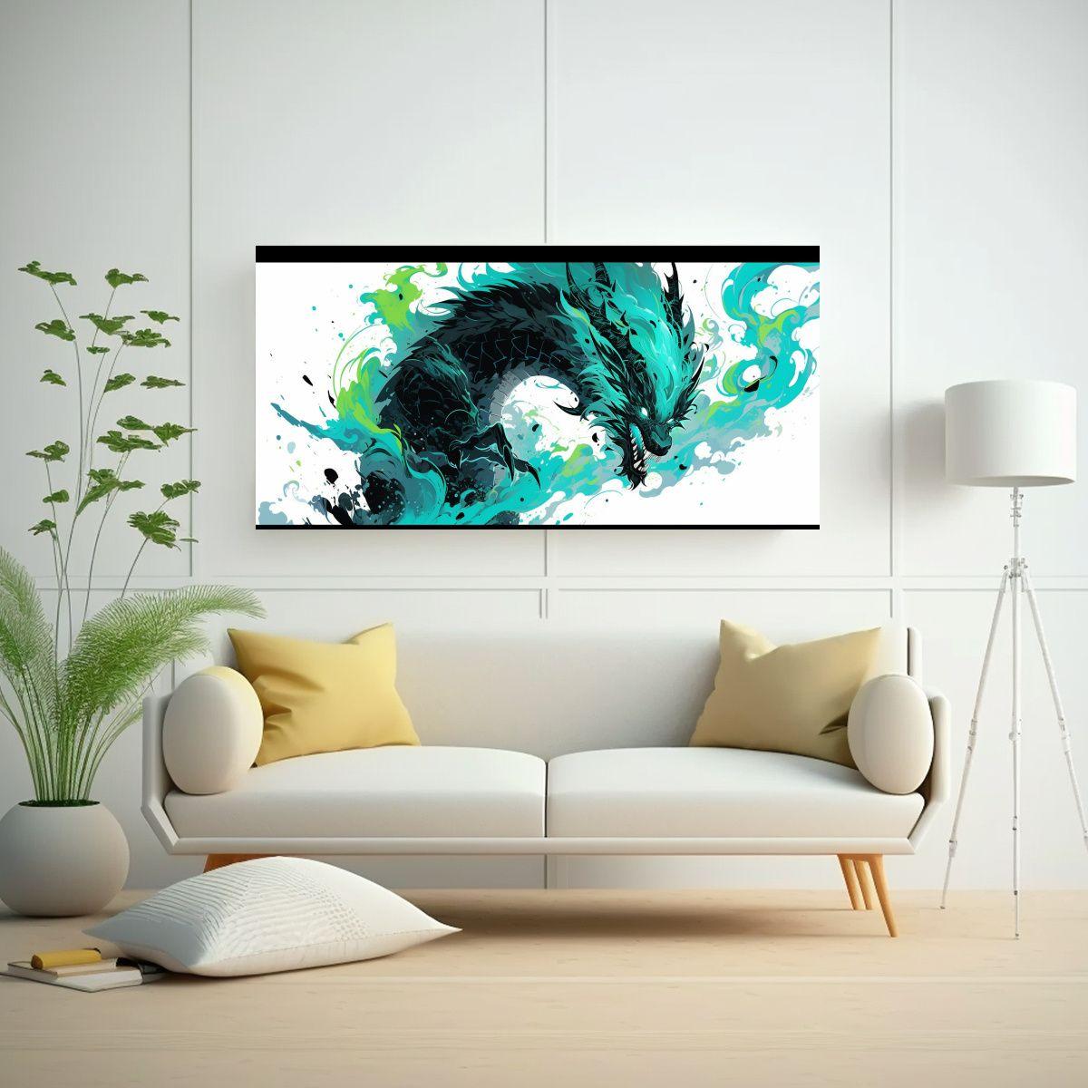 Pinturas Decorativas De Un Dragón En Turquesa Y N 140x70cm-2