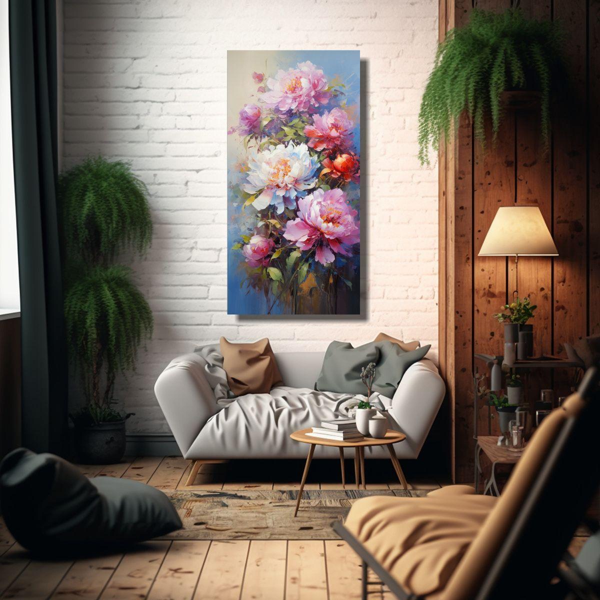 Cuadro De Peonías En Lienzo Alta Calidad, 50x100cm-2