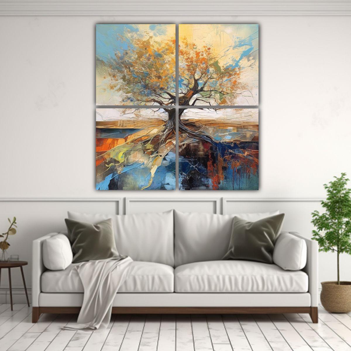 Cuadro De Tela Con Líneas Simétricas Y árbol 140x140 Cm-2