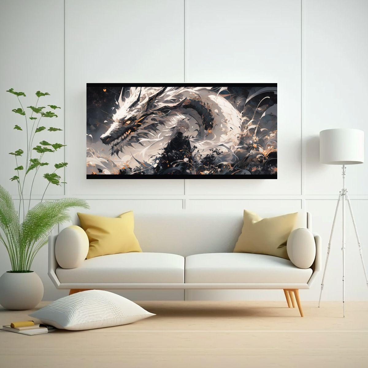 Pintura Decorativa: Dragón Blanco Y Negro En Atm 100x50cm-2