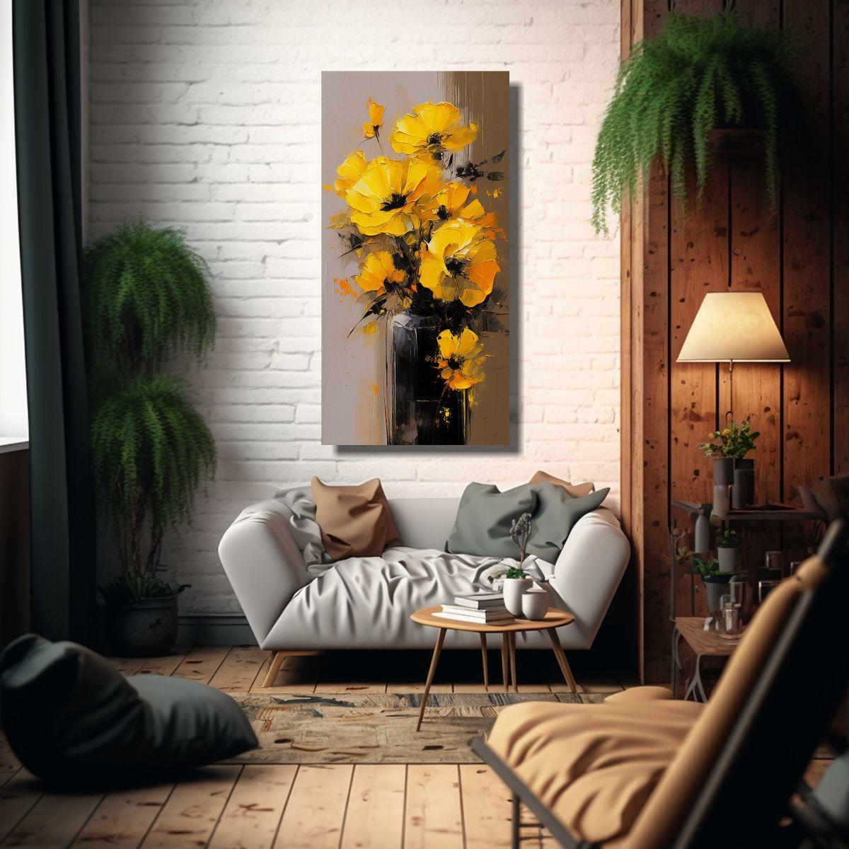 Pintura De Flores Amarillas Y Negras En Lienzo De 40x80cm-2