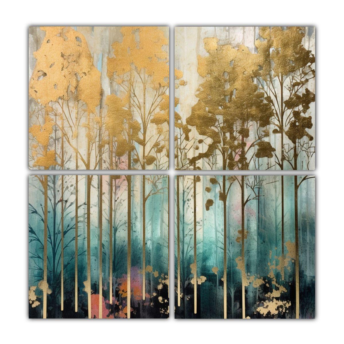 4 Cuadros Imagen Resistente Bosque Con árboles 80x80 Cm-0