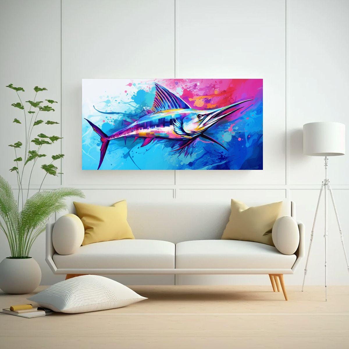 Lienzo De Tela Diseño Pop Art De Un Marlín Azul 40x20cm-2