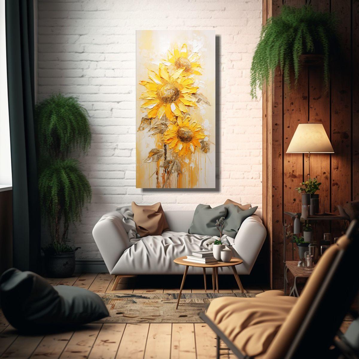 Pintura Clásica De Girasoles Amarillos En Lienzo 80x160cm-2