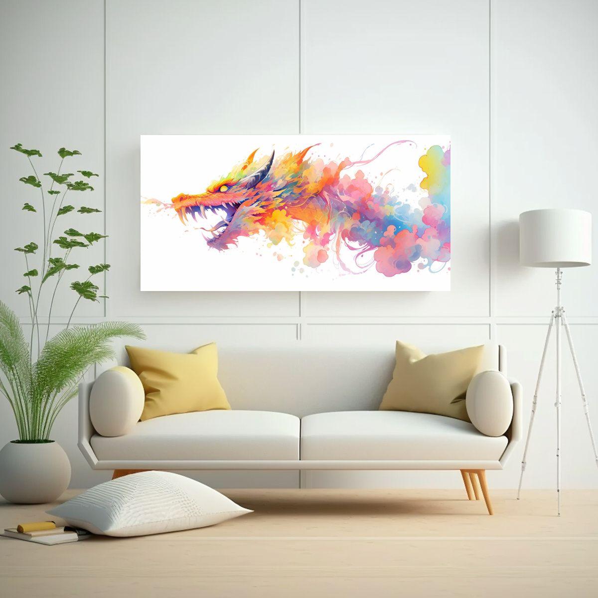 Arte De Pared: Dragon En Arcoíris Y Acuarelas Neo 100x50cm-2