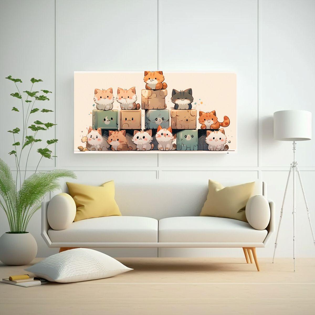Cuadro De Gatos Coloridos En Una Pila Mirando 40x20cm-2