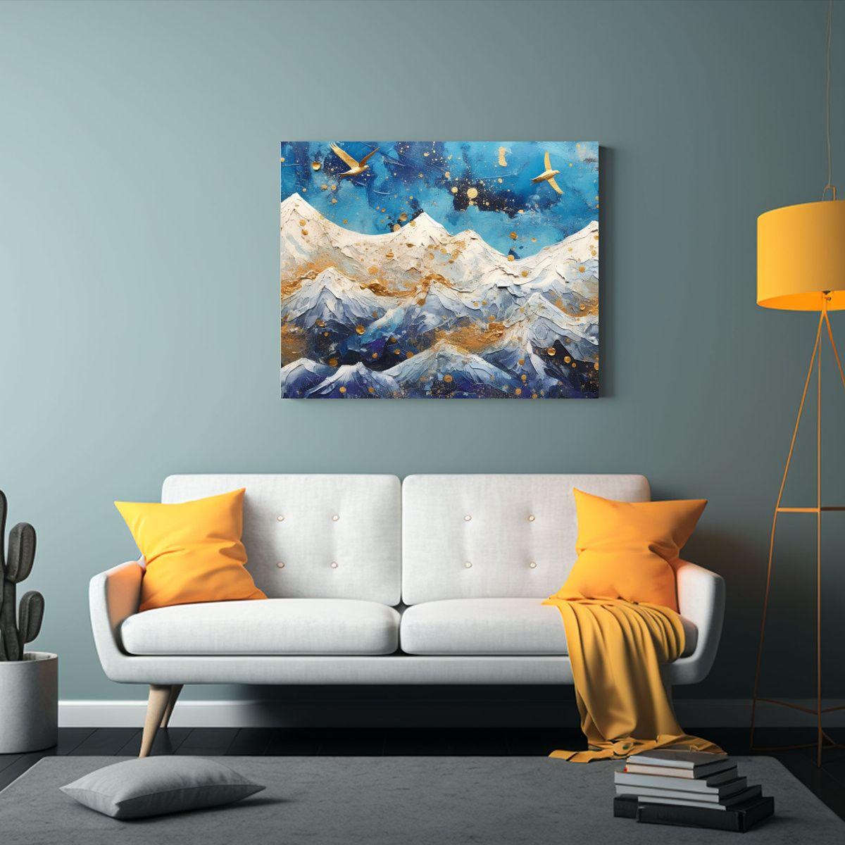 Cuadro Abstracto De Montañas Con Aves En Vuelo: 30x20cm-2