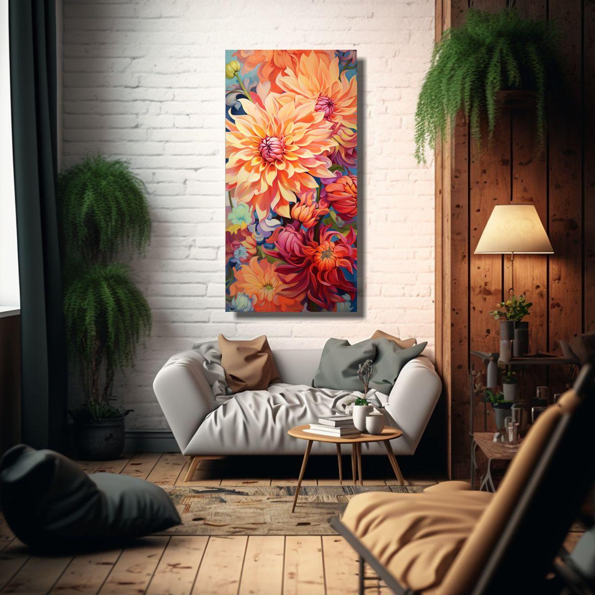 Pintura Abstracta De Flores Dahlias En óleo, Alta 30x60cm-2