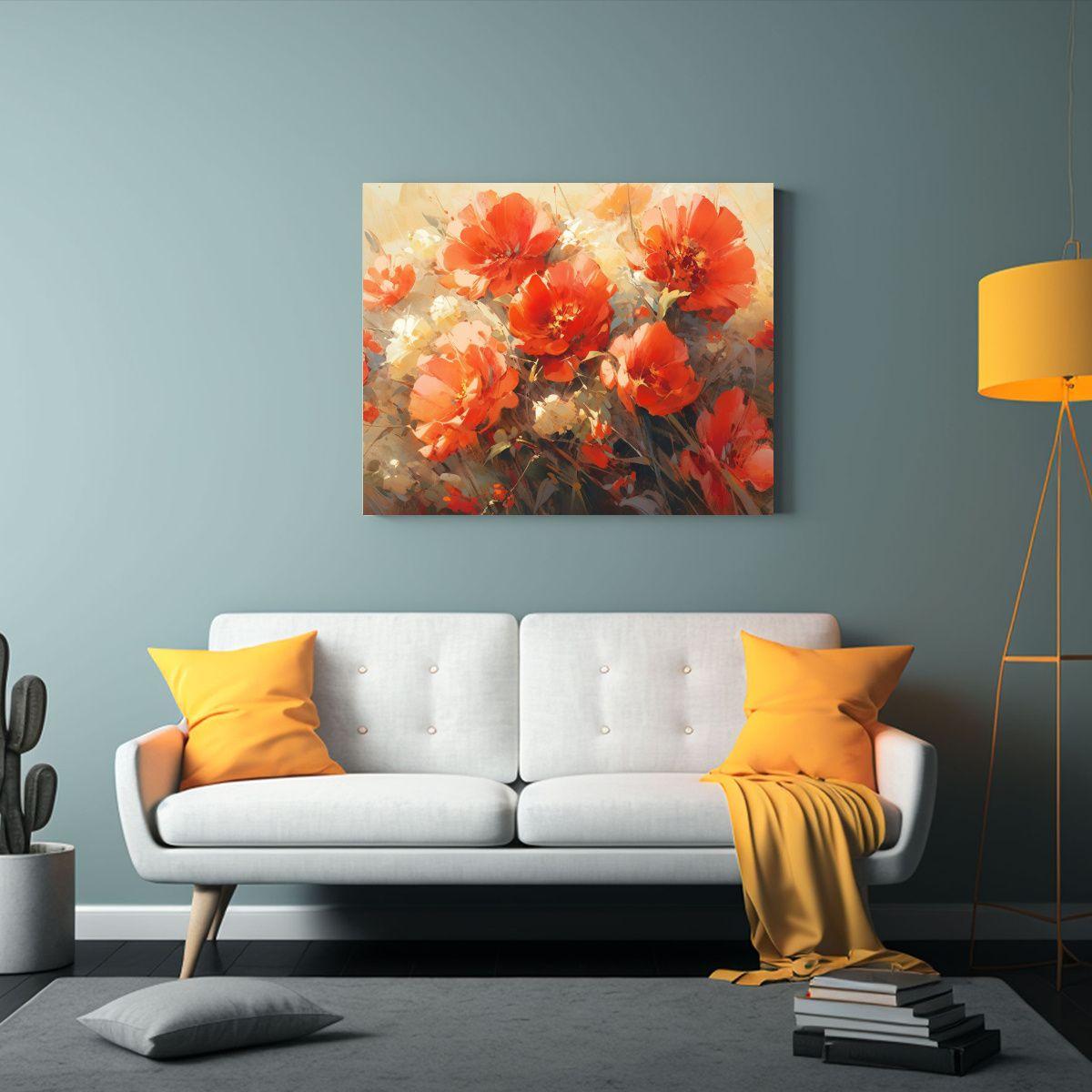 Pintura De Flores Amarillas Y Rojas En Lienzo 75x50cm-2