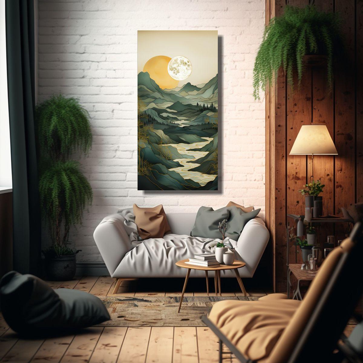 Pintura Minimalista De Montañas En Bastidor: 20x40cm-2