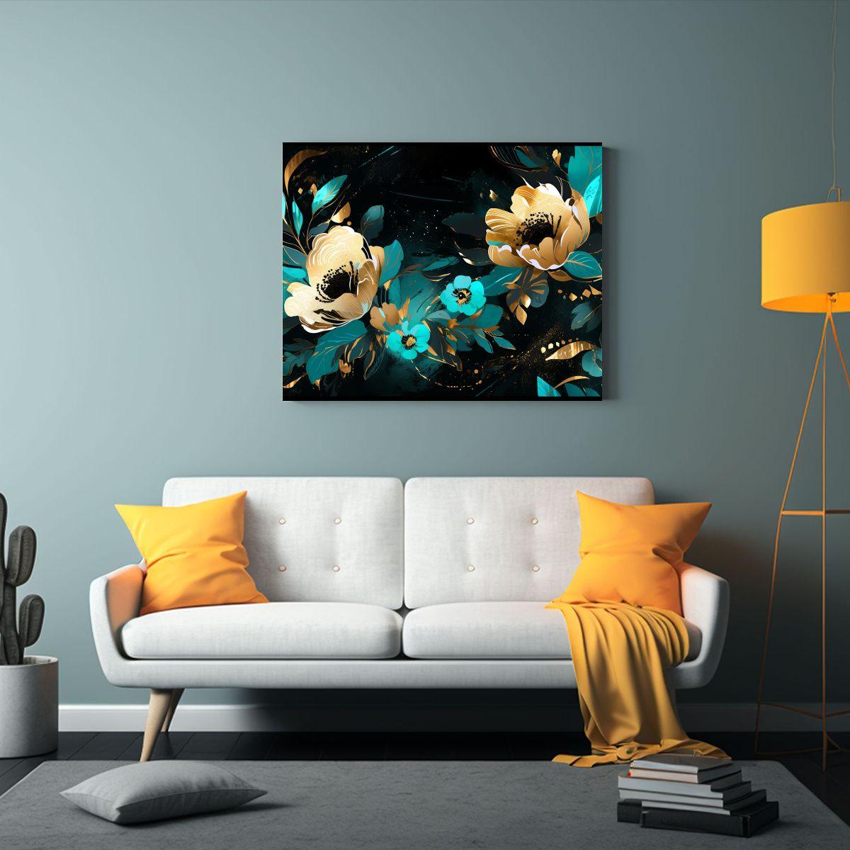 Cuadro Moderno En Bastidor: Turquesa Y Dorado, 65x50cm-2