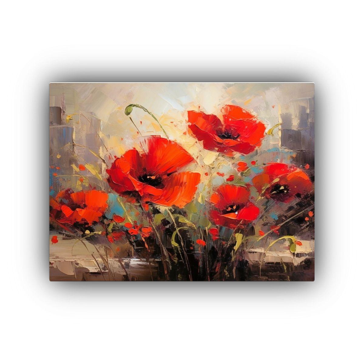 Pintura Abstracta Con Amapolas Rojas En Amarillo 40x30cm-0