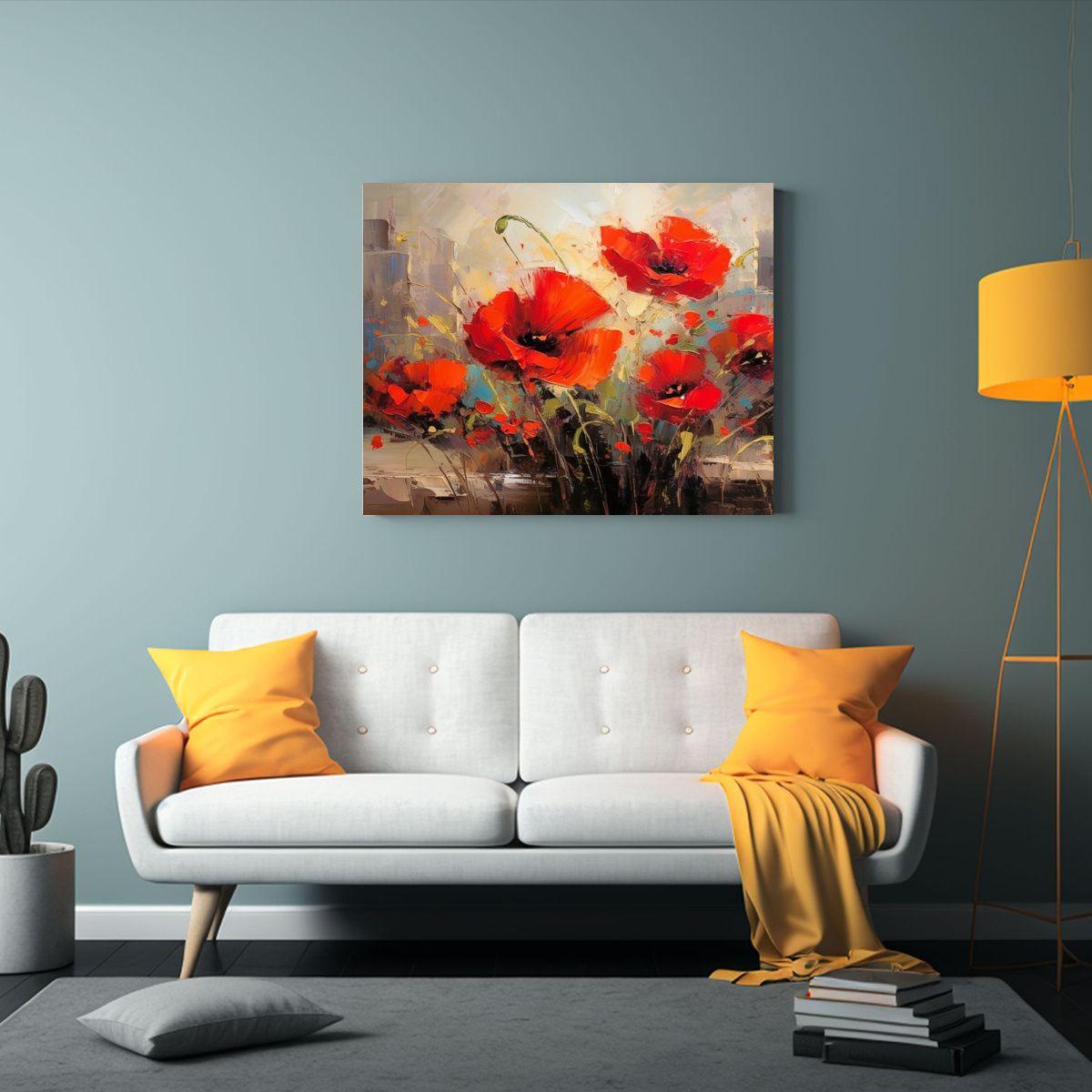 Pintura Abstracta Con Amapolas Rojas En Amarillo 40x30cm-2