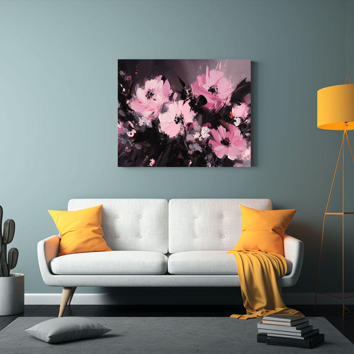 Pintura Floral En Lienzo Negro Y Rosa: 30x20cm-2