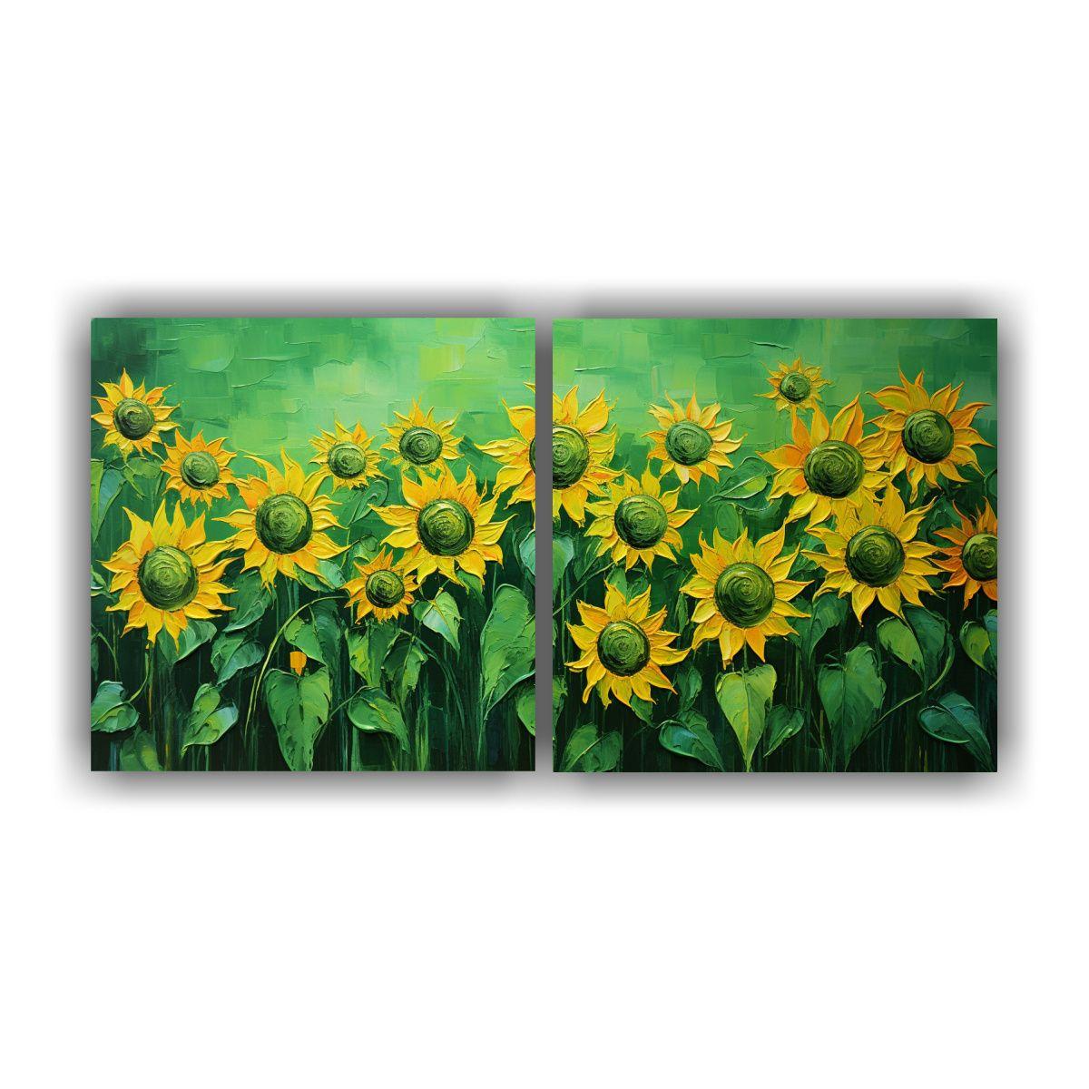 Dos Lienzos Moderno Colorido De Girasoles Verdes 160x80 Cm-0