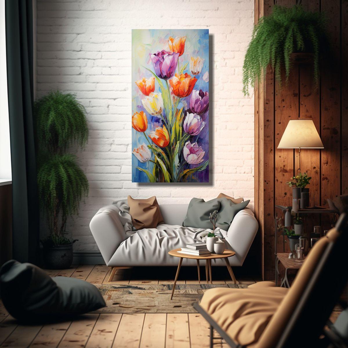 Pintura Majestuosas Tulipanes En Lienzo, Colores 30x60cm-2