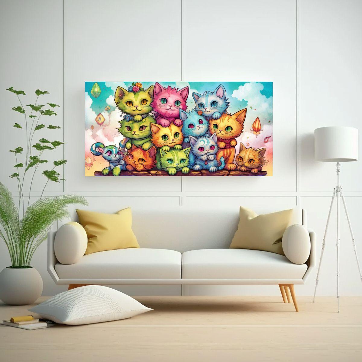 Pintura Decorativa Gatos En Pila Mirando Hacia 120x60cm-2