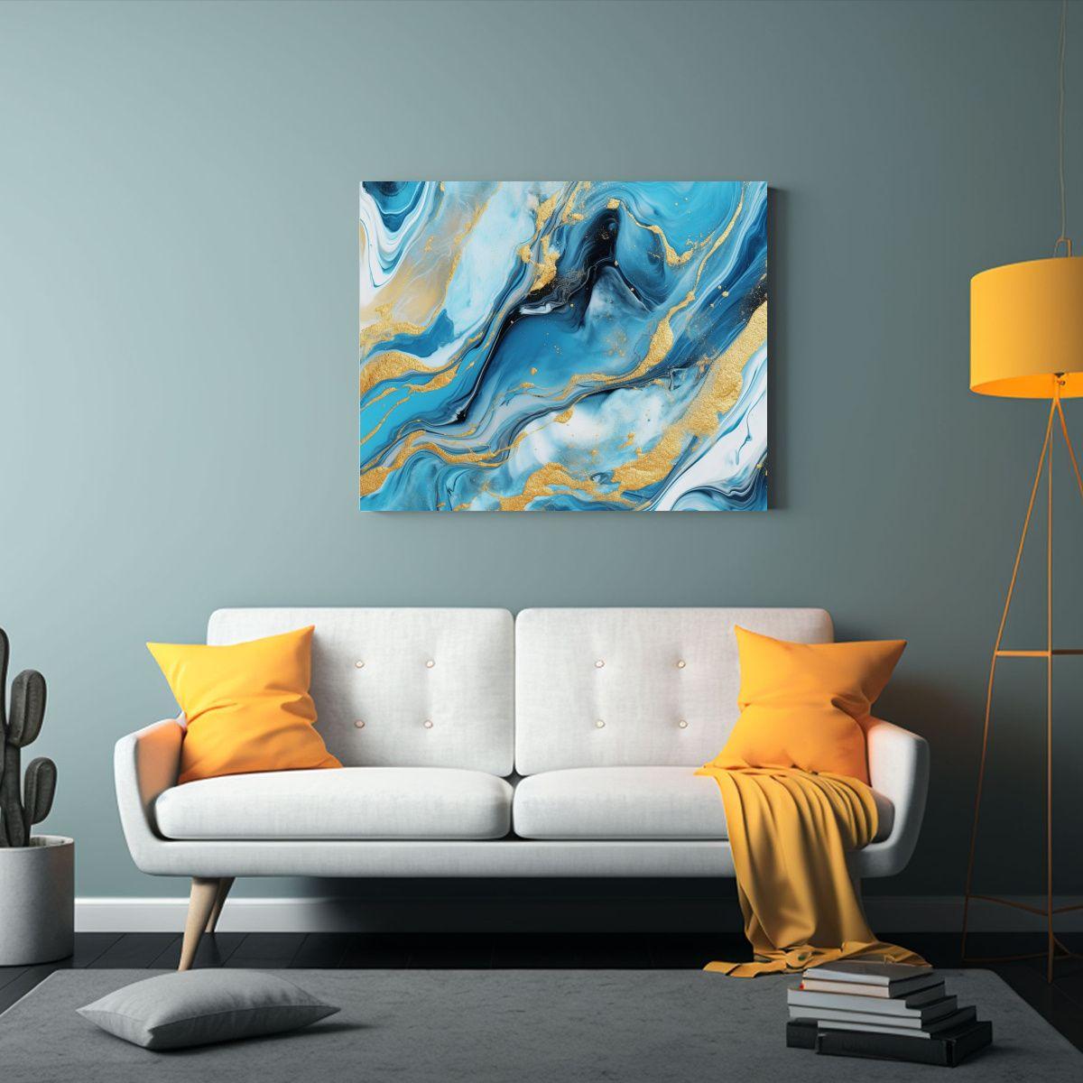 Pinturas Decorativas En Mármol Azul Y Dorado Con Líneas Do 120x80cm-2