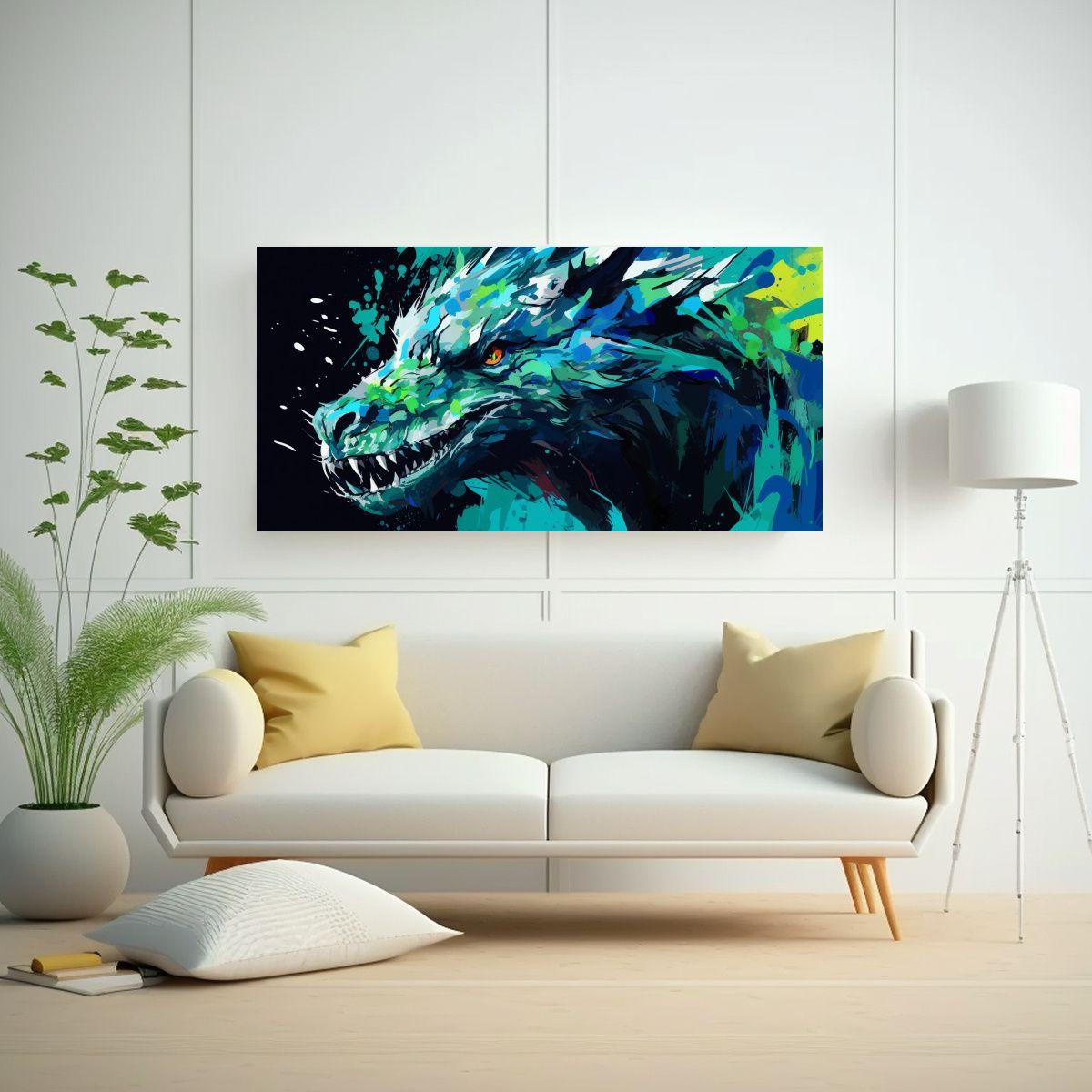 Obra De Arte Decorativa: Dragón En Verde Y Azul, 100x50 Cm-2