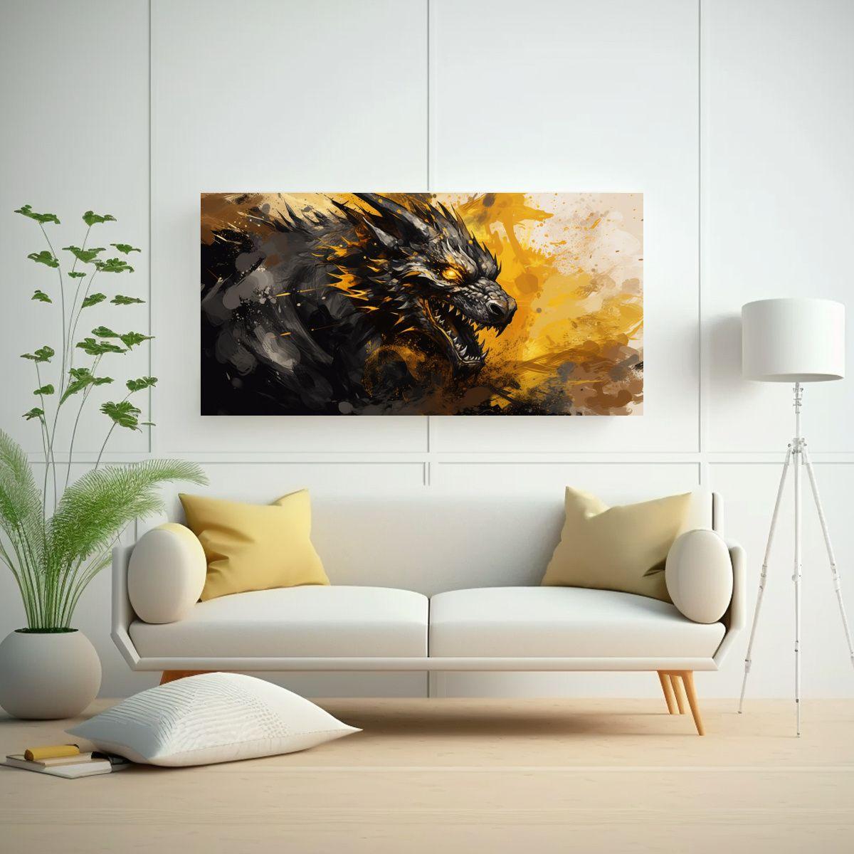 Cuadro En Bastidor Patrón Intenso Dragón Oro Y N 120x60cm-2