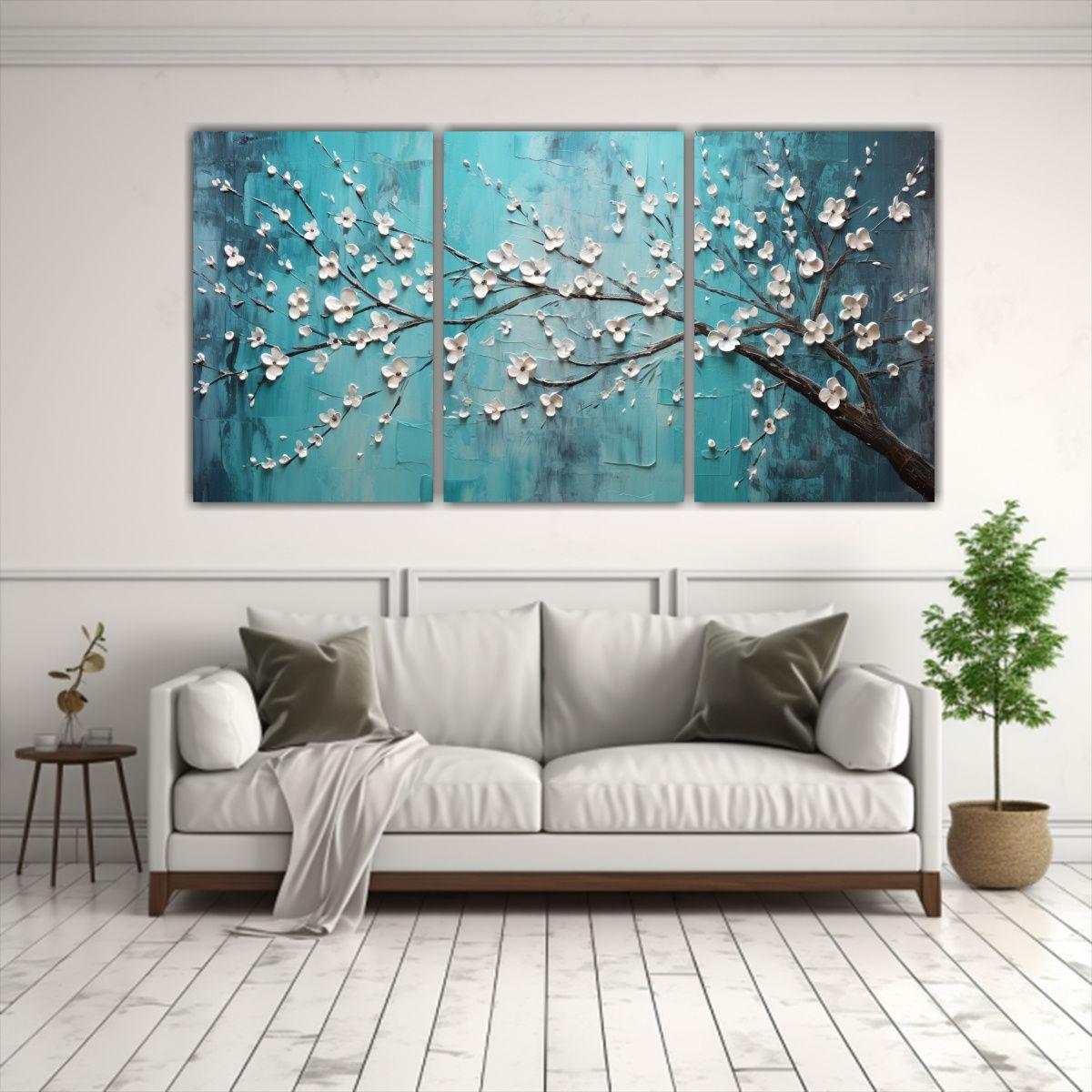 Pintura En Lienzo Adorable De Cerezos Turquesas 180x90 Cm-2