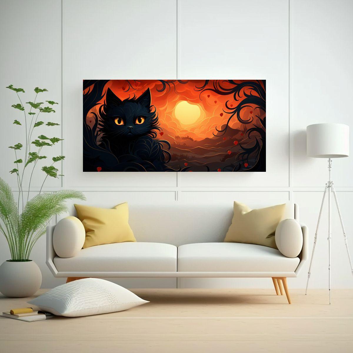 Lienzo Cuadro Patrón Gato Negro Estilo Cómic 120x60 Cm-2