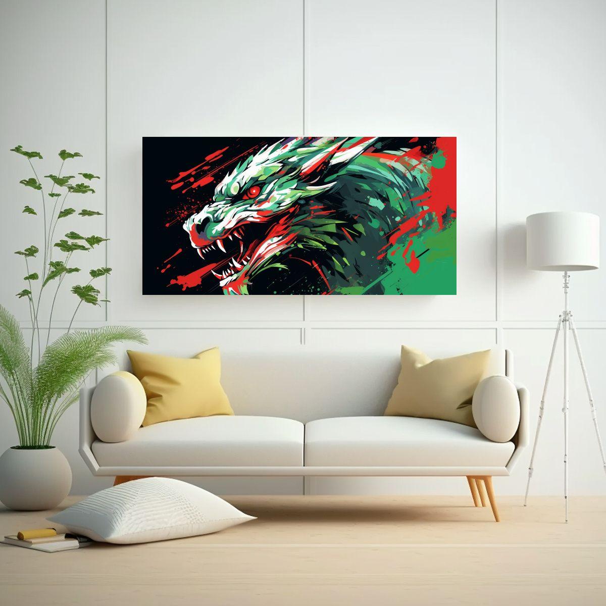 Pinturas Decorativas Modernas: Dragón En Verde Y  60x30cm-2