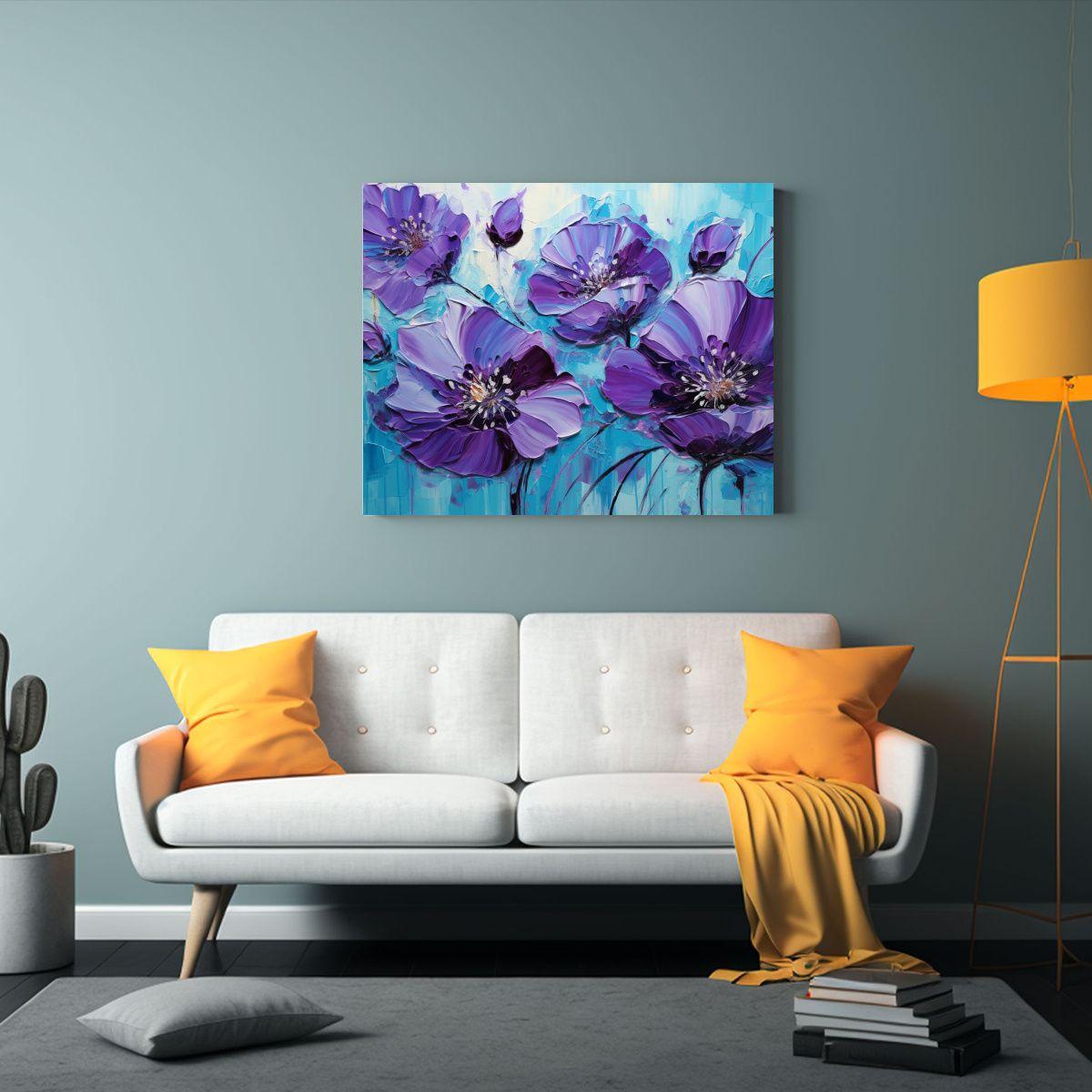 Pintura En Lienzo De Flores Moradas Y Cian, Sensibilidad Art 60x40cm-2